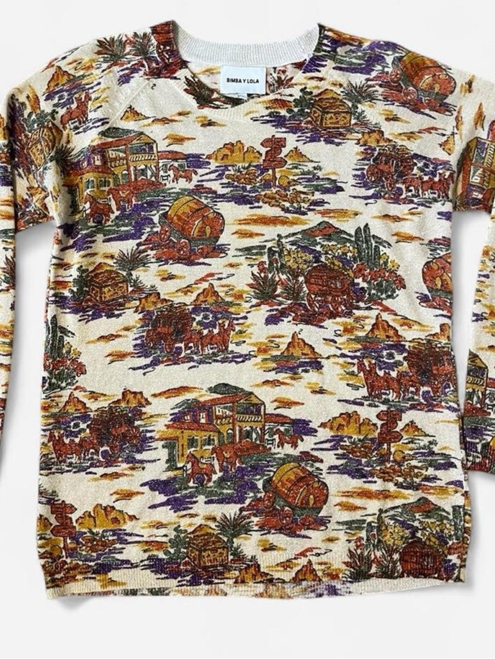 Bimba y Lola Graphic Knit Sweater Scenic Print Artsy Cottagecore Statement Top